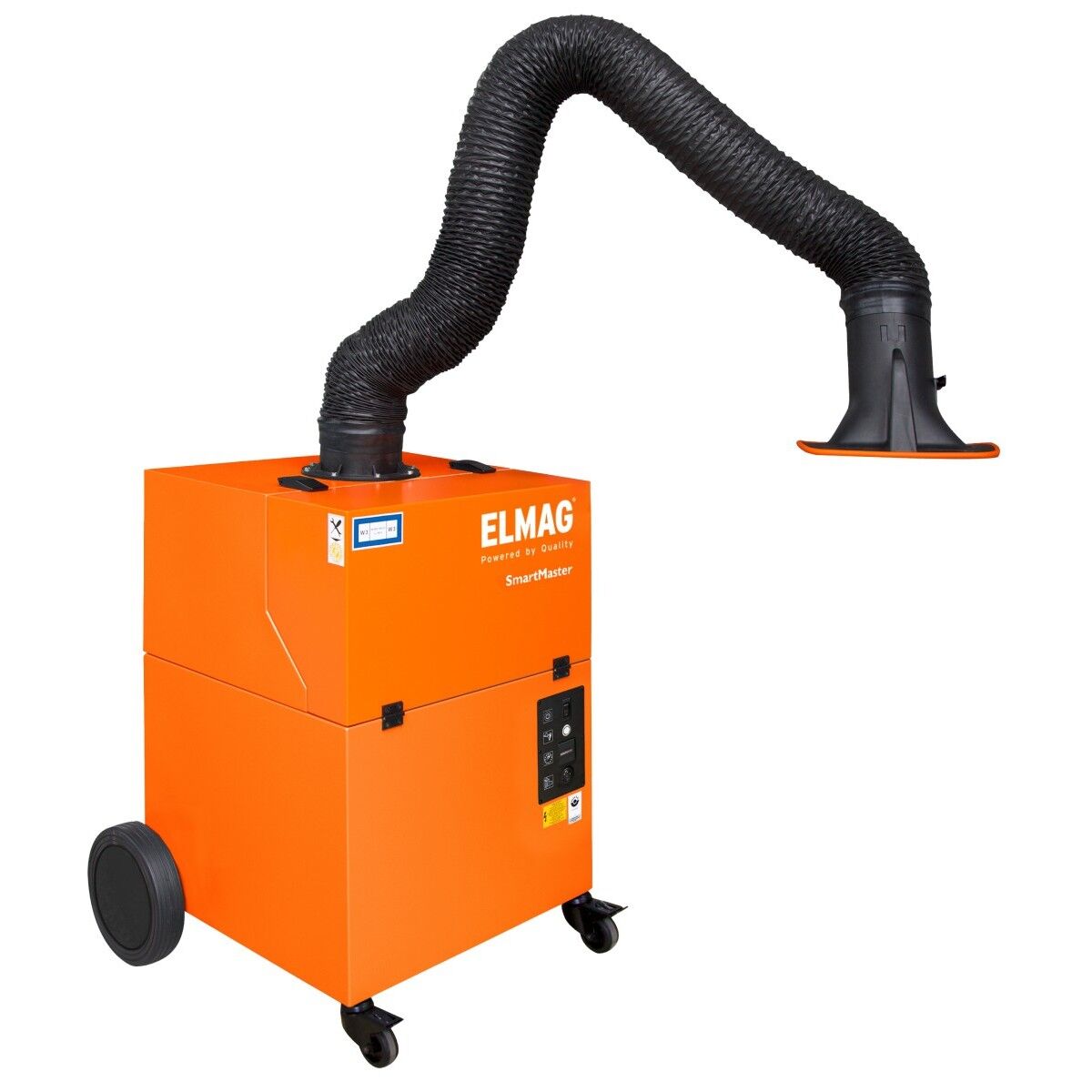Oranges ELMAG-Schweißrauchabsauggerät SmartMaster auf Rollen mit Bedienfeld, flexiblem Absaugarm und schwarzer Absaughaube.