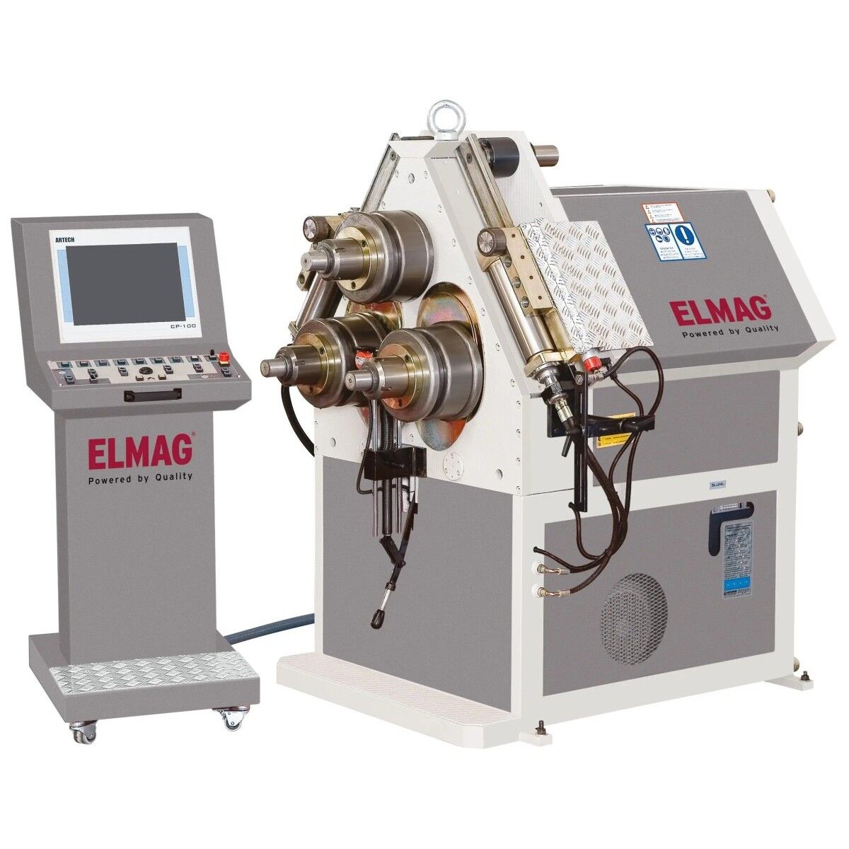 ELMAG-Profilbiegemaschine mit drei Rollen, Hydraulikzylindern und separatem Bedienpult mit Bildschirm.