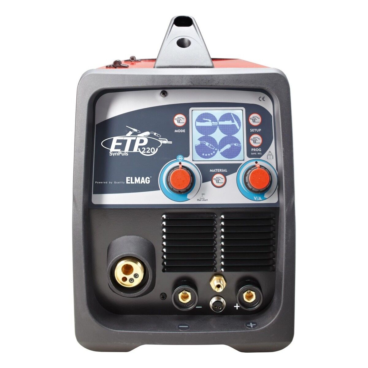 Frontansicht des ELMAG ETP 220 SynPuls Schweißgeräts mit Display, zwei Drehreglern, Tasten und mehreren Anschlüssen.