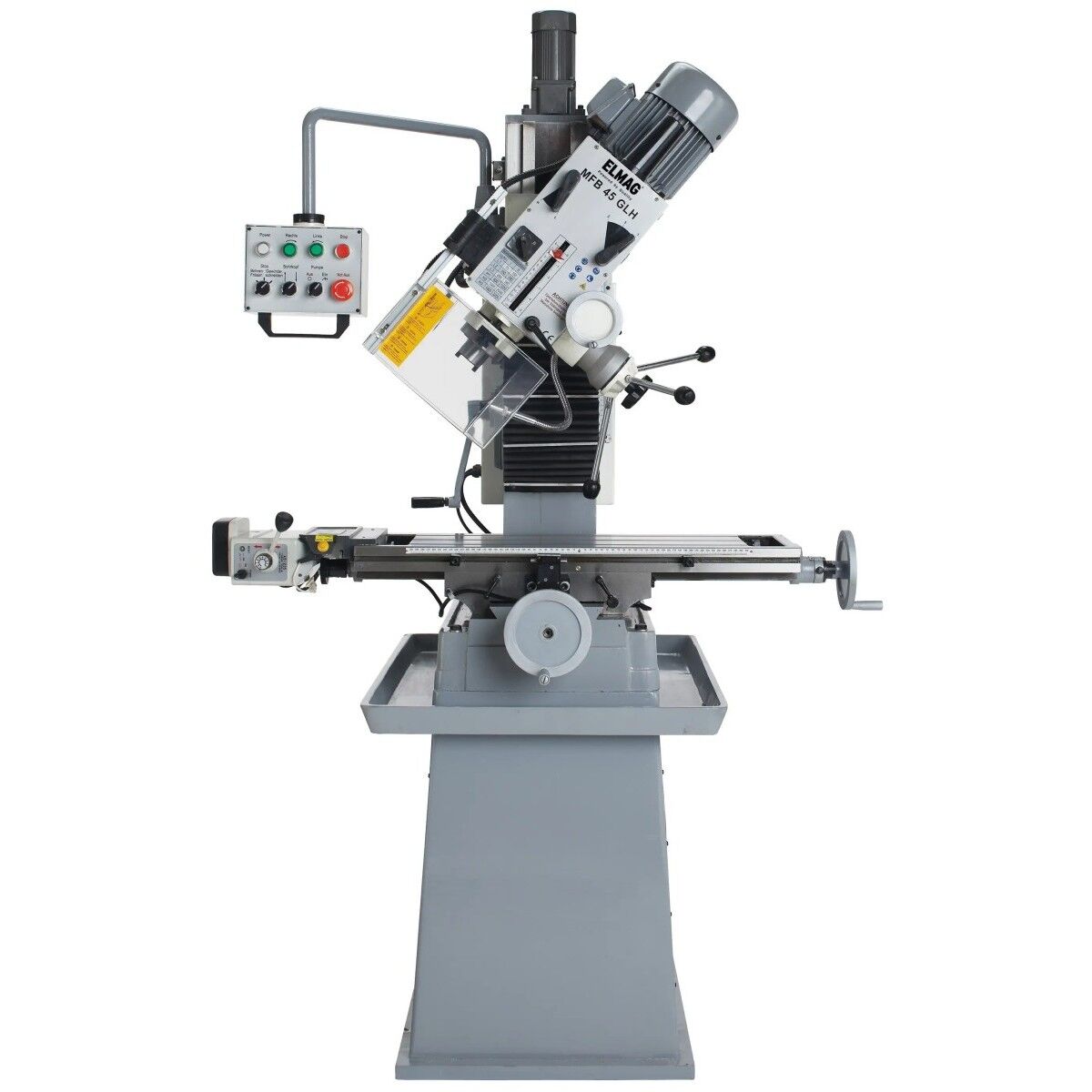 Schwenkbare Fräsmaschine ELMAG MFB 45 GLH mit geneigtem Fräskopf und Kreuztisch in Seitenansicht.