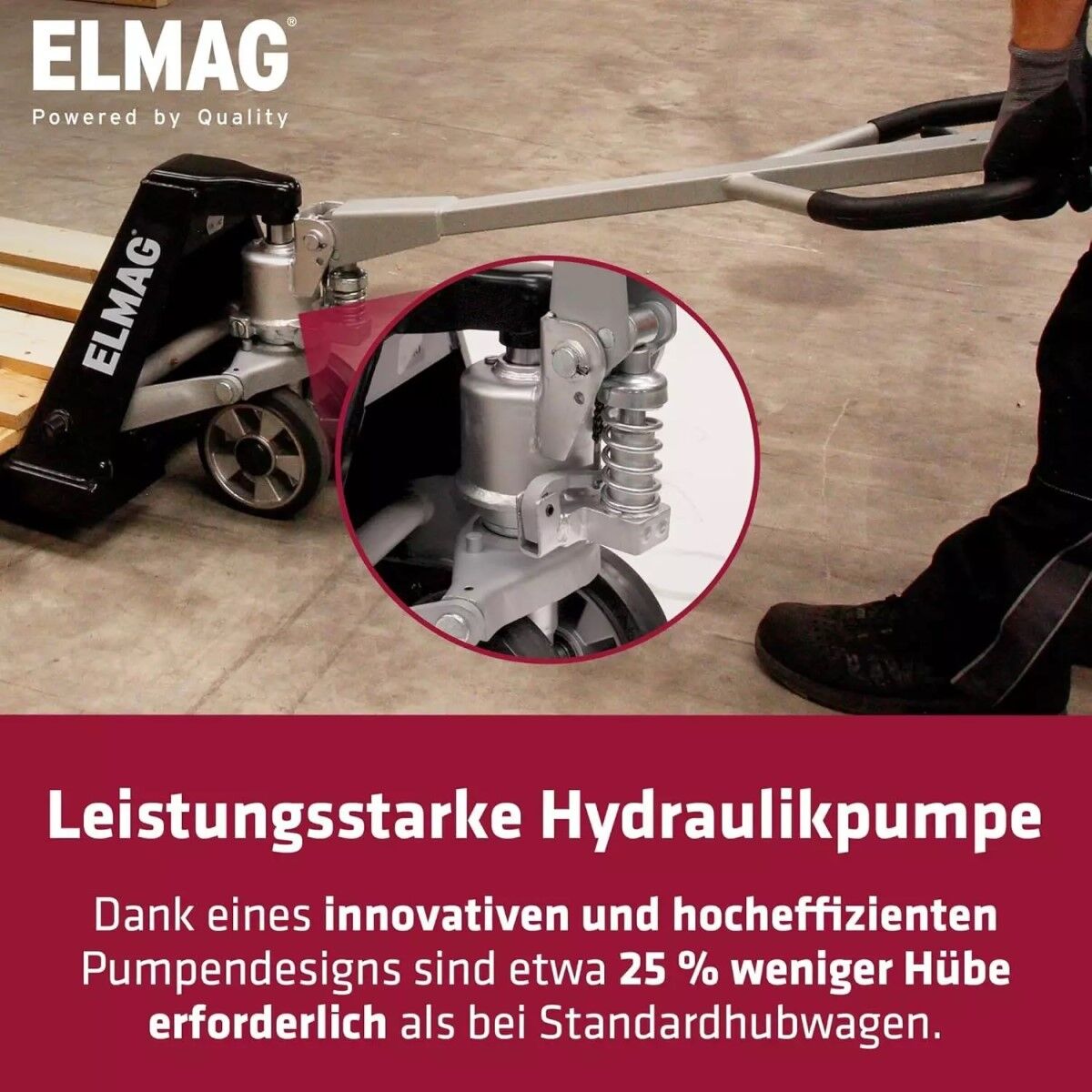 Infografik: Hubwagen in Lagerumgebung mit Zoom auf Hydraulikpumpe; Text „Leistungsstarke Hydraulikpumpe“, ELMAG-Logo.
