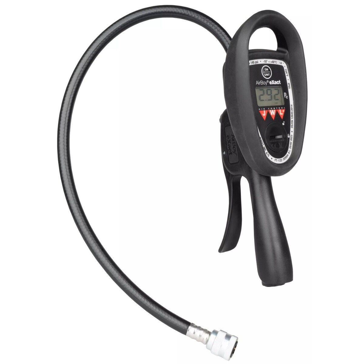 Digitales Reifenfüllgerät mit Griff, Display und Abzug; flexibler Schlauch mit Schnellkupplung, freigestellt vor weißem Hintergrund.