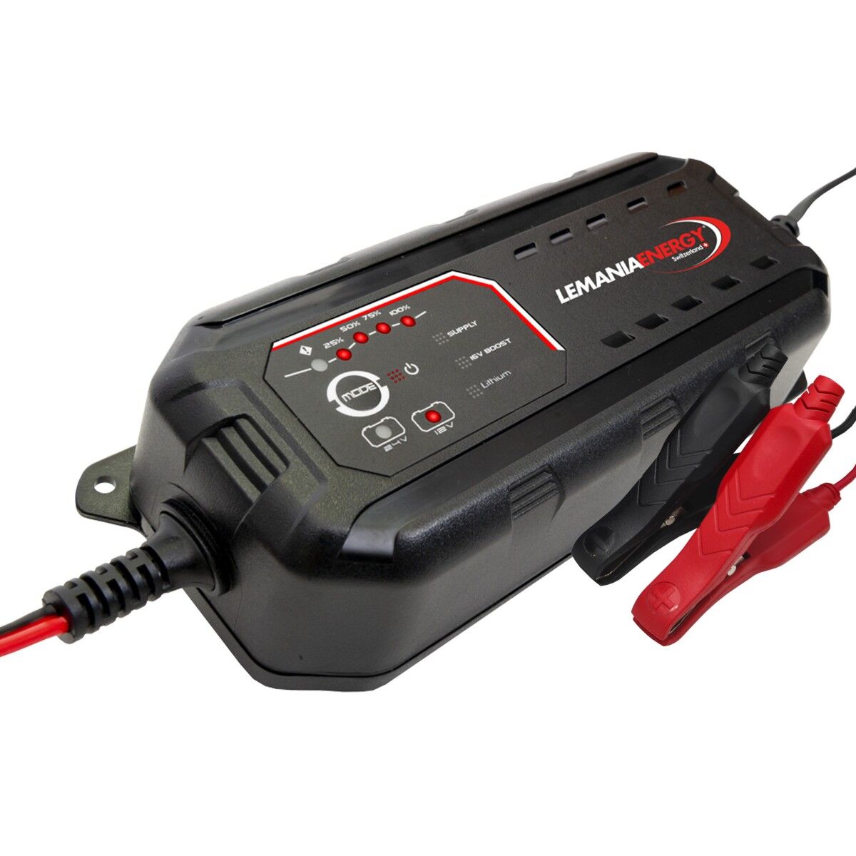 Schwarzes Batterie-Ladegerät mit Bedienfeld, LEDs und roten sowie schwarzen Ladezangen, schräg von vorn fotografiert.