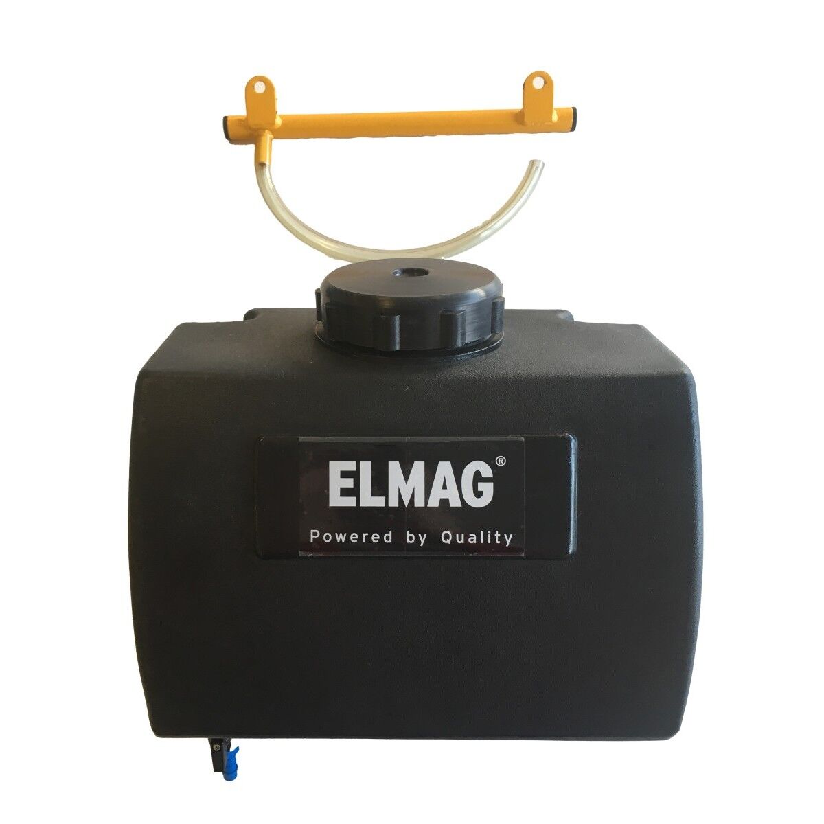 Schwarzer ELMAG-Wassertank mit Schraubdeckel, transparentem Schlauch und gelber Halterung mit zwei Befestigungsösen.