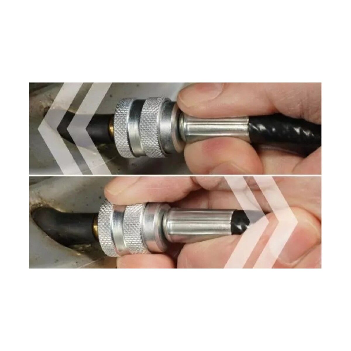 Zweiteilige Nahaufnahme: Hand steckt Schnellkupplung am Schlauch auf ein Reifenventil; Pfeile zeigen Auf- und Abbewegung.