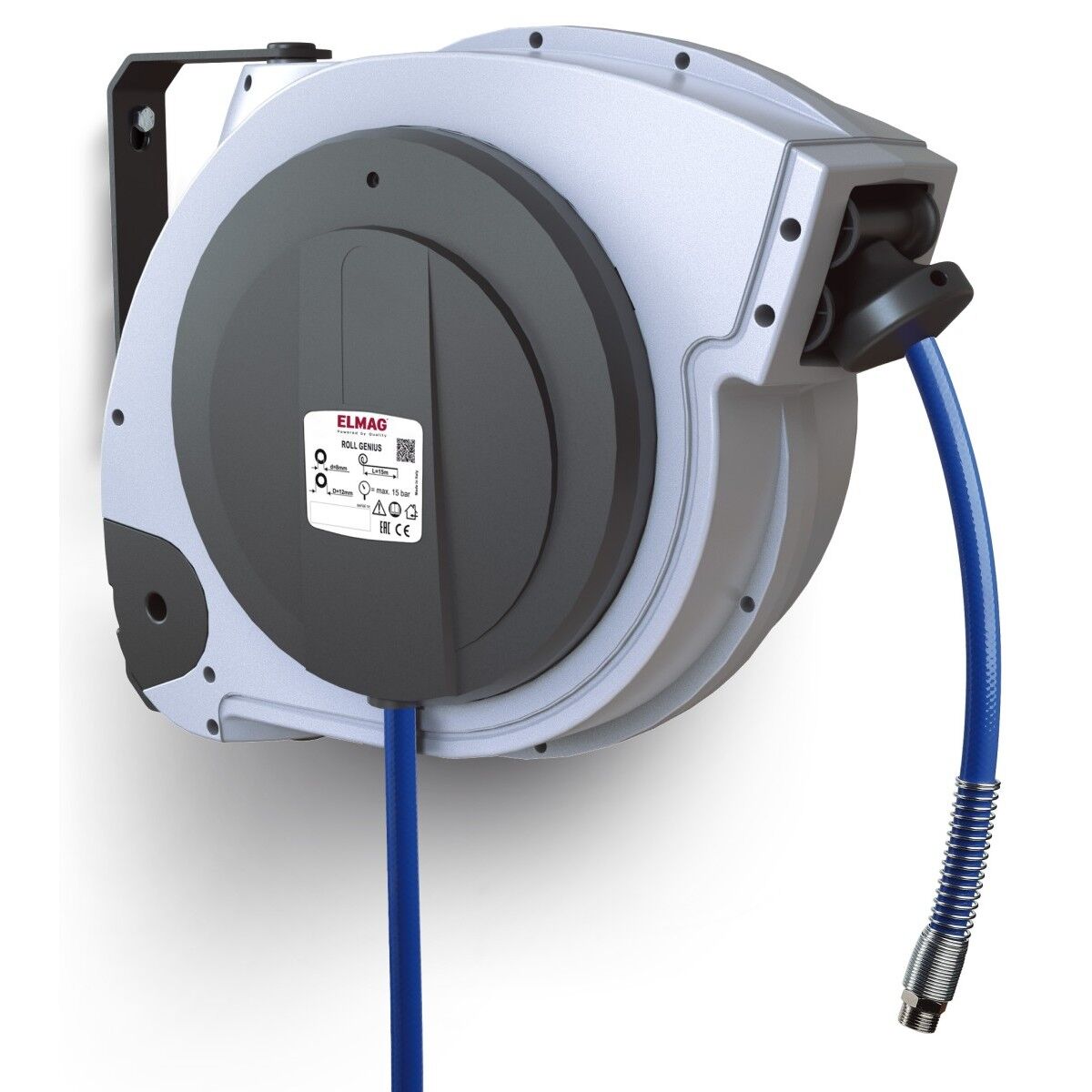 Wandmontierter automatischer Schlauchaufroller mit rundem Gehäuse und blauem Druckluftschlauch samt Metallanschluss.