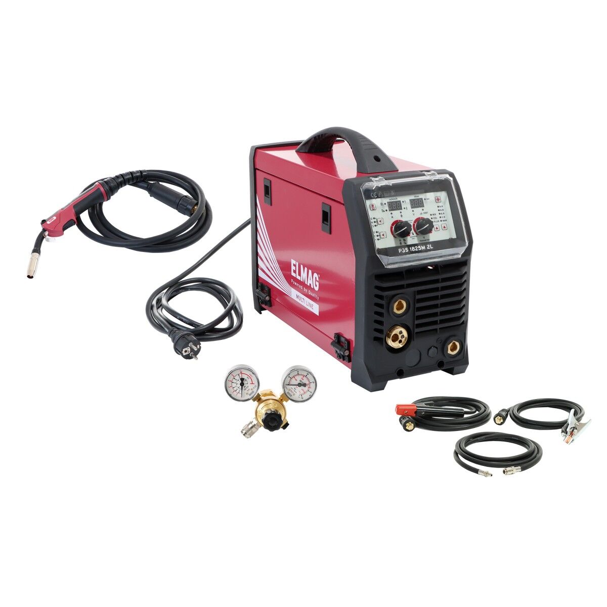 Kompaktes Schweißgerät mit rotem Gehäuse, Frontbedienfeld, Kabeln, Brenner und Gasdruckregler als Zubehör.