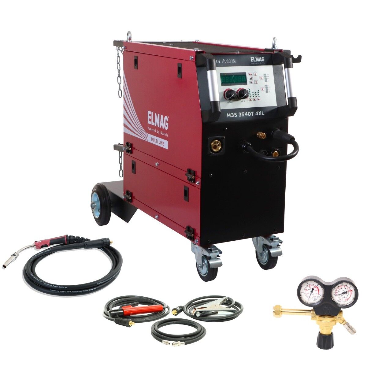 Schweißgerät auf Fahrwagen mit Frontbedienfeld, Kabeln, Brenner, Massekabeln und Manometer-Armatur als Zubehör.