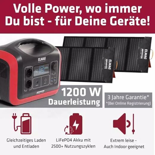 ELMAG Powerstation ENERGY 1200 mit Solarpanels, 1200 W Dauerleistung, leise, 2500+ Zyklen, Indoor-geeignet.