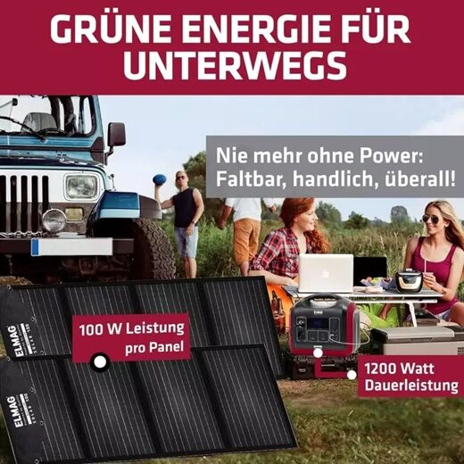 ELMAG Powerstation und Solarpanels beim Camping, 100 W pro Panel, 1200 W Dauerleistung, mobil und faltbar.