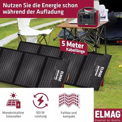 ELMAG Powerstation mit Solarpanel am Campingplatz, 5 m Kabel, monokristalline Zellen, 100 W Leistung, faltbar.