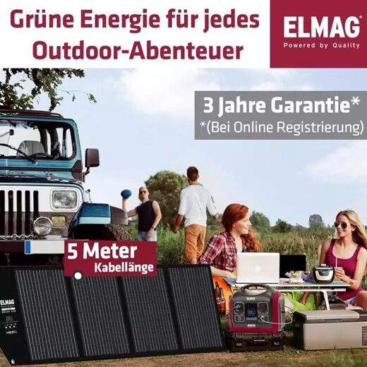 Outdoor-Szene mit Campern, Solarpanel und Hinweis auf 5 m Kabellänge und 3 Jahre Garantie.