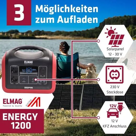 ELMAG Powerstation ENERGY 1200 mit drei Ladeoptionen: Solarpanel, 230 V-Steckdose, 12 V-KFZ-Anschluss am Seeufer.