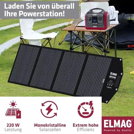 220 W Solarpanel auf Wiese, angeschlossen an Powerstation, mit Icons für Leistung und Effizienz.