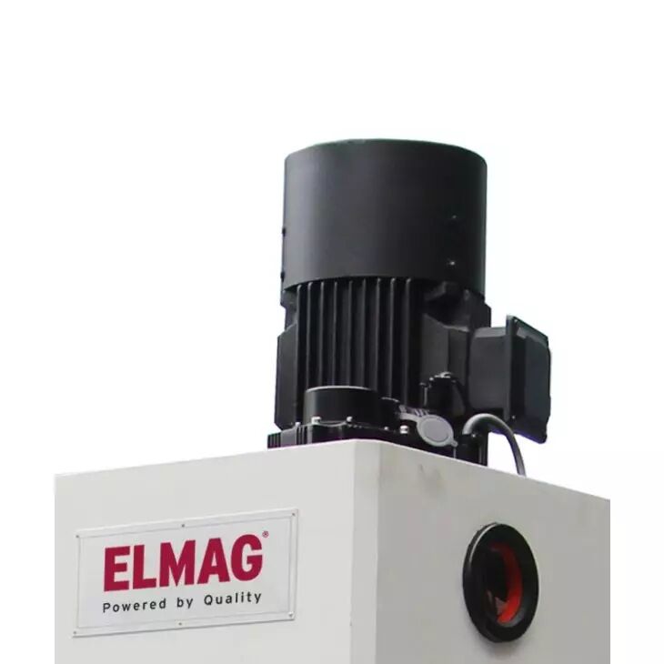 Oberer Maschinenkopf mit schwarzem Motor auf weißem Gehäuse mit Elmag-Logo.