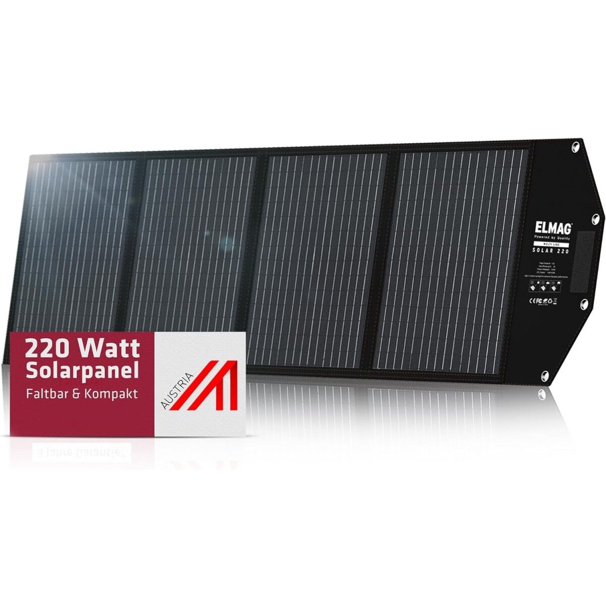 220 W faltbares Solarpanel mit Garantiehinweis und kompaktem Design auf weißem Hintergrund.