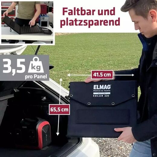 Mann lädt zusammengefaltetes Elmag-Solarpanel in ein Auto, Maße und Gewicht sind mit Textgrafiken angegeben.
