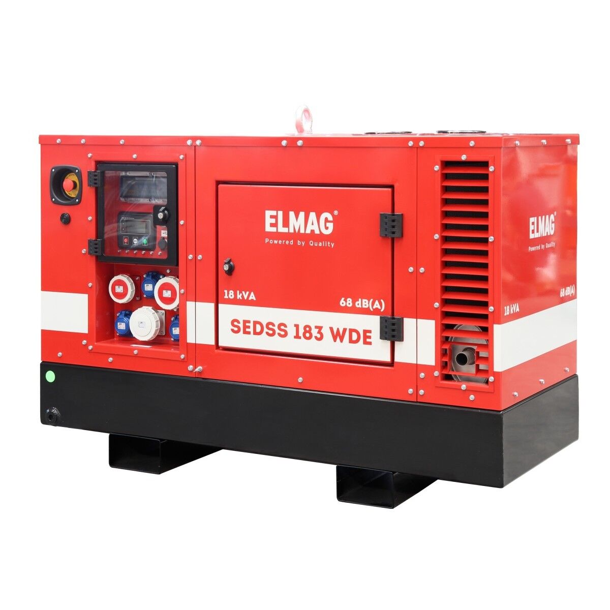 Rotes ELMAG-Stromaggregat SEDSS 183 WDE mit Bedienfeld, Steckdosen, seitlicher Tür, Lüftungsgitter und schwarzem Sockel.