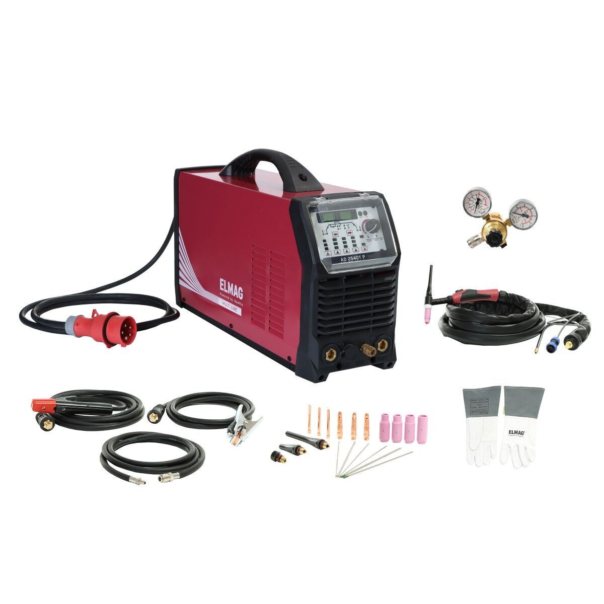 Kompaktes TIG-Schweißgerät von Elmag mit Zubehör, darunter Schläuche, Druckminderer, Elektroden, Düsen und Schutzhandschuhe.