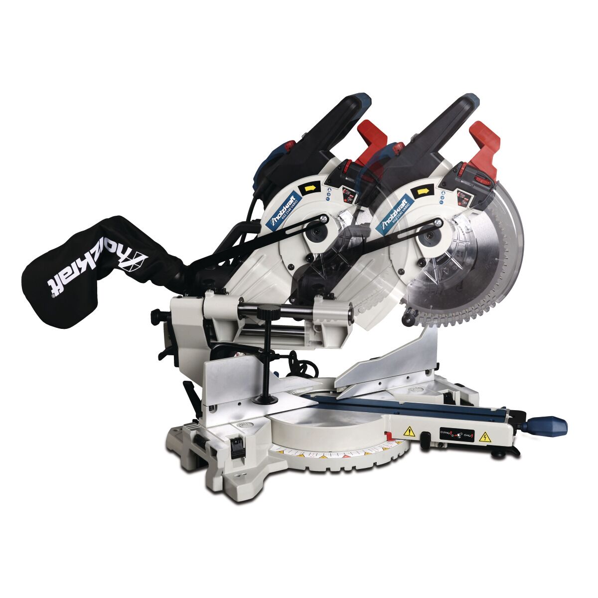 Gehrungssäge in mehreren Positionen gezeigt, Bewegung des Sägearms dargestellt.