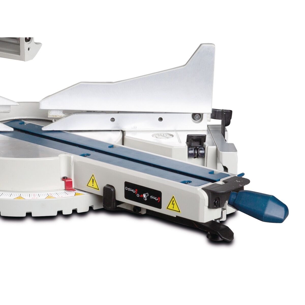 Detail der vorderen Anschlagleiste und Führungsschiene der Gehrungssäge.