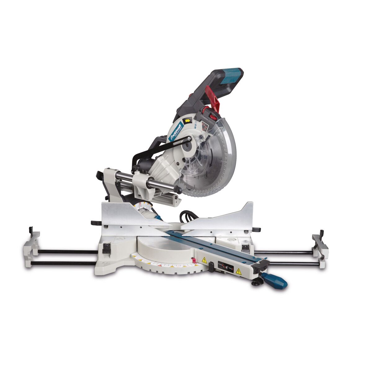 Gehrungssäge von vorne, Führungsschienen ausgezogen, Sägeblatt sichtbar.