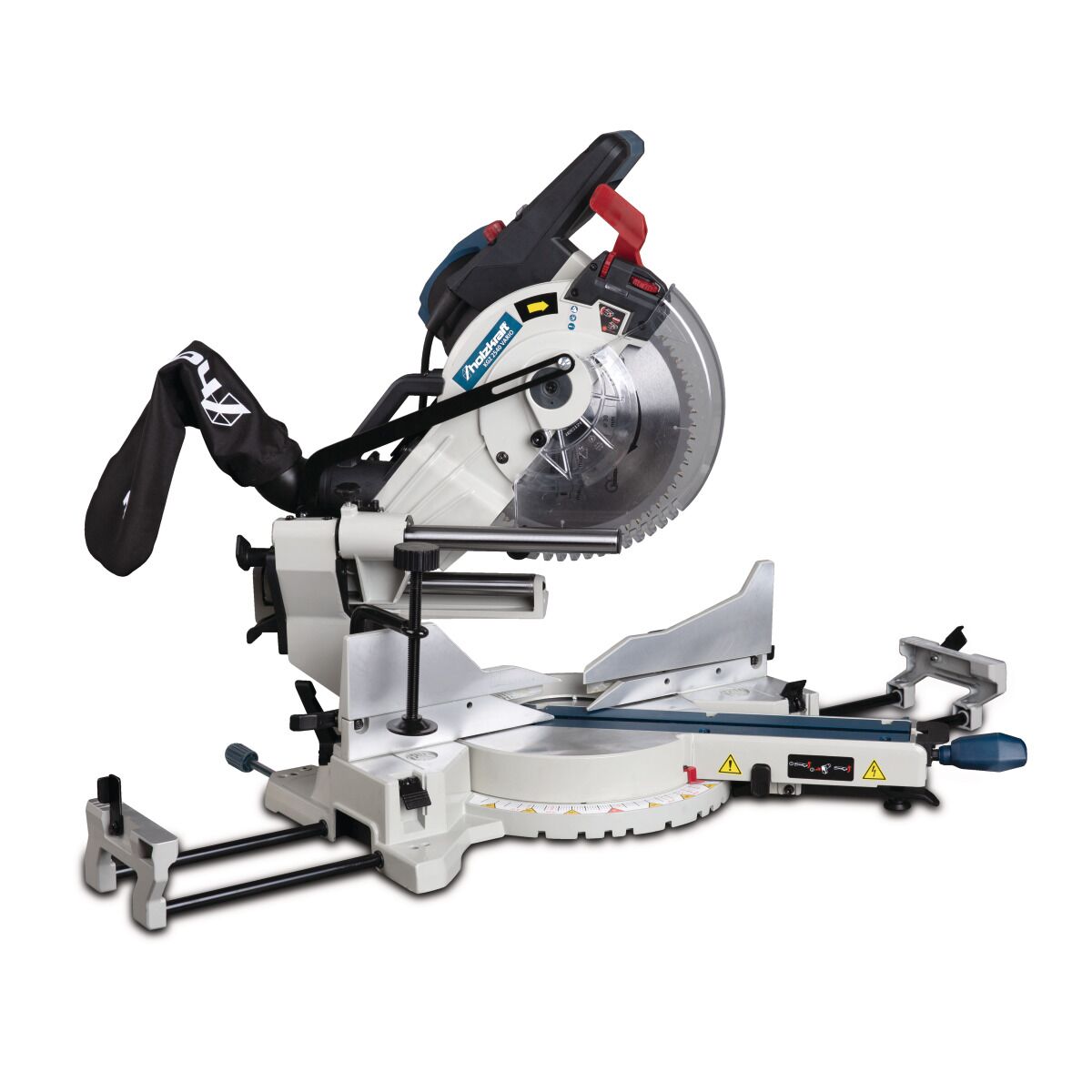 Gehrungssäge auf Werkbank, Seitenansicht, Sägeblatt hochgeklappt, ohne Werkstück.