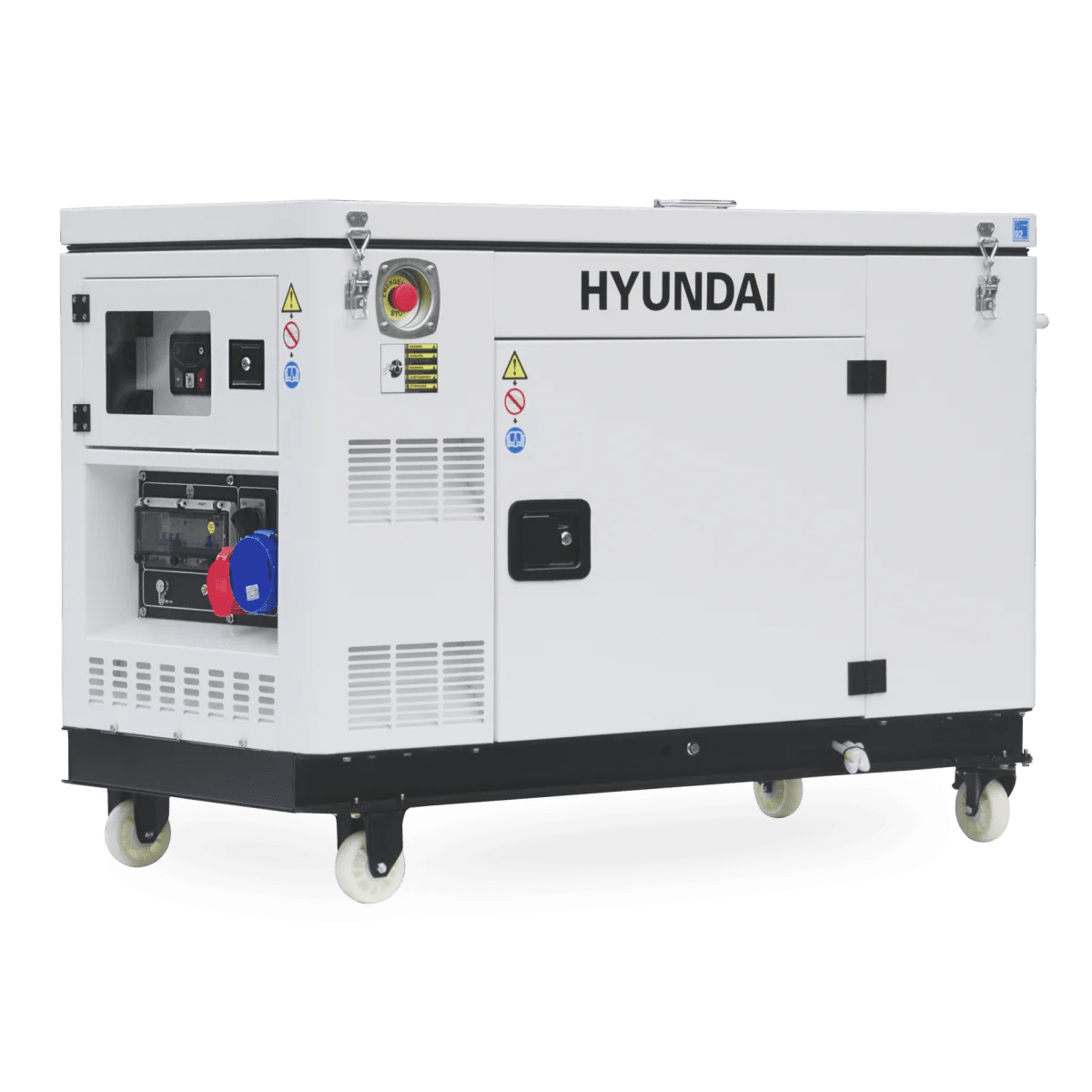 Schrägansicht des kompletten Hyundai Silent Diesel Generators auf Rollen mit geschlossenem Gehäuse und seitlichem Bedienfeld.