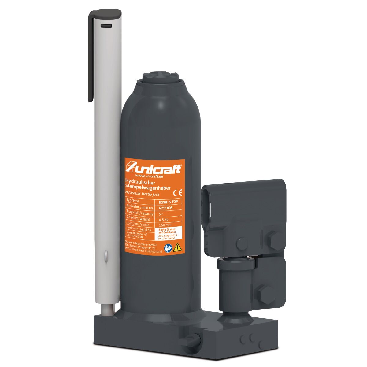 Hydraulischer Flaschenheber mit Pumphebel, zylindrischem Gehäuse, seitlicher Hebemechanik und orangefarbener Beschriftung.