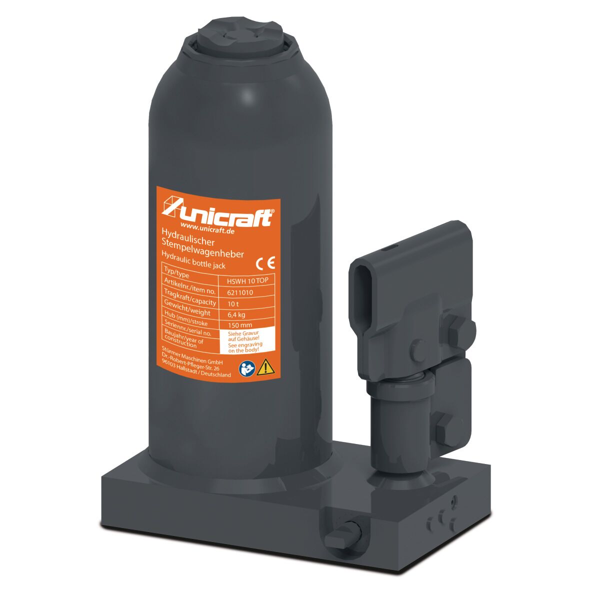 Hydraulischer Flaschenheber mit zylindrischem Gehäuse, seitlicher Hebemechanik und orangefarbener Beschriftung auf dunklem Körper.