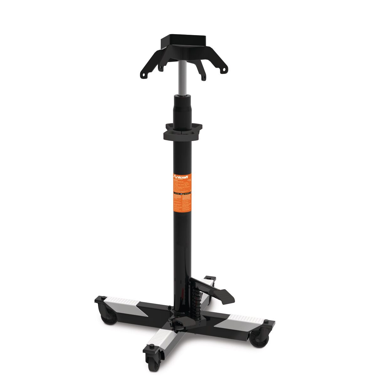 Fahrbarer Getriebeheber mit hydraulischer Säule, vier Rollen, Fußpedal und vierarmiger Aufnahme.