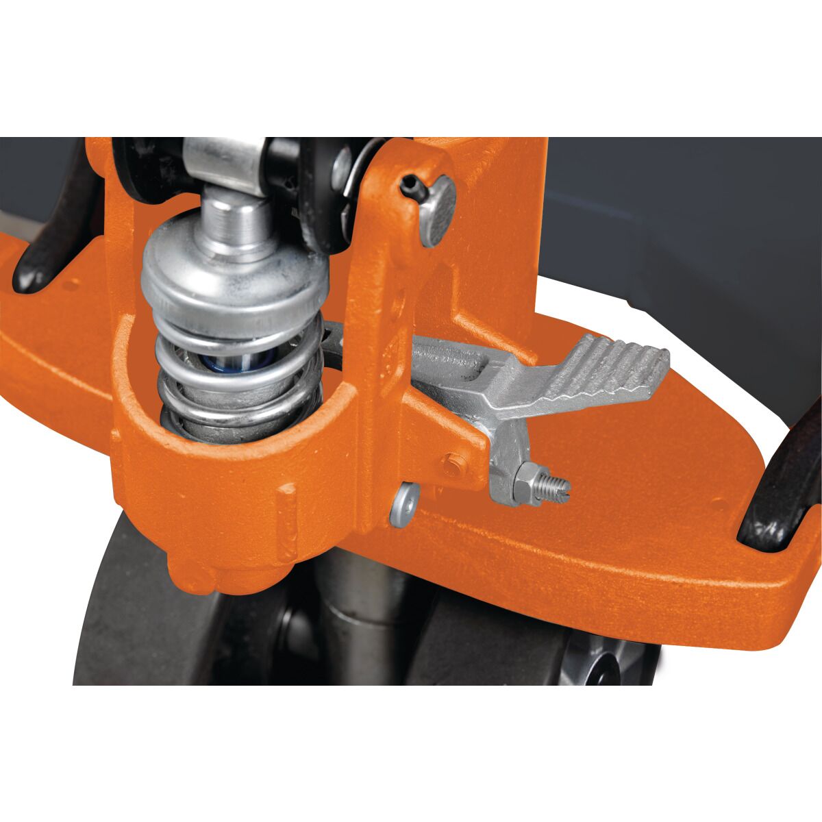 Nahaufnahme der orangefarbenen Hubmechanik mit Feder und geriffeltem Fußpedal