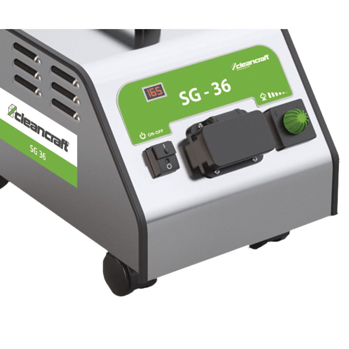 Detailaufnahme des Bedienfelds des Dampfreinigers mit Schaltern, Drehregler und digitaler Anzeige.