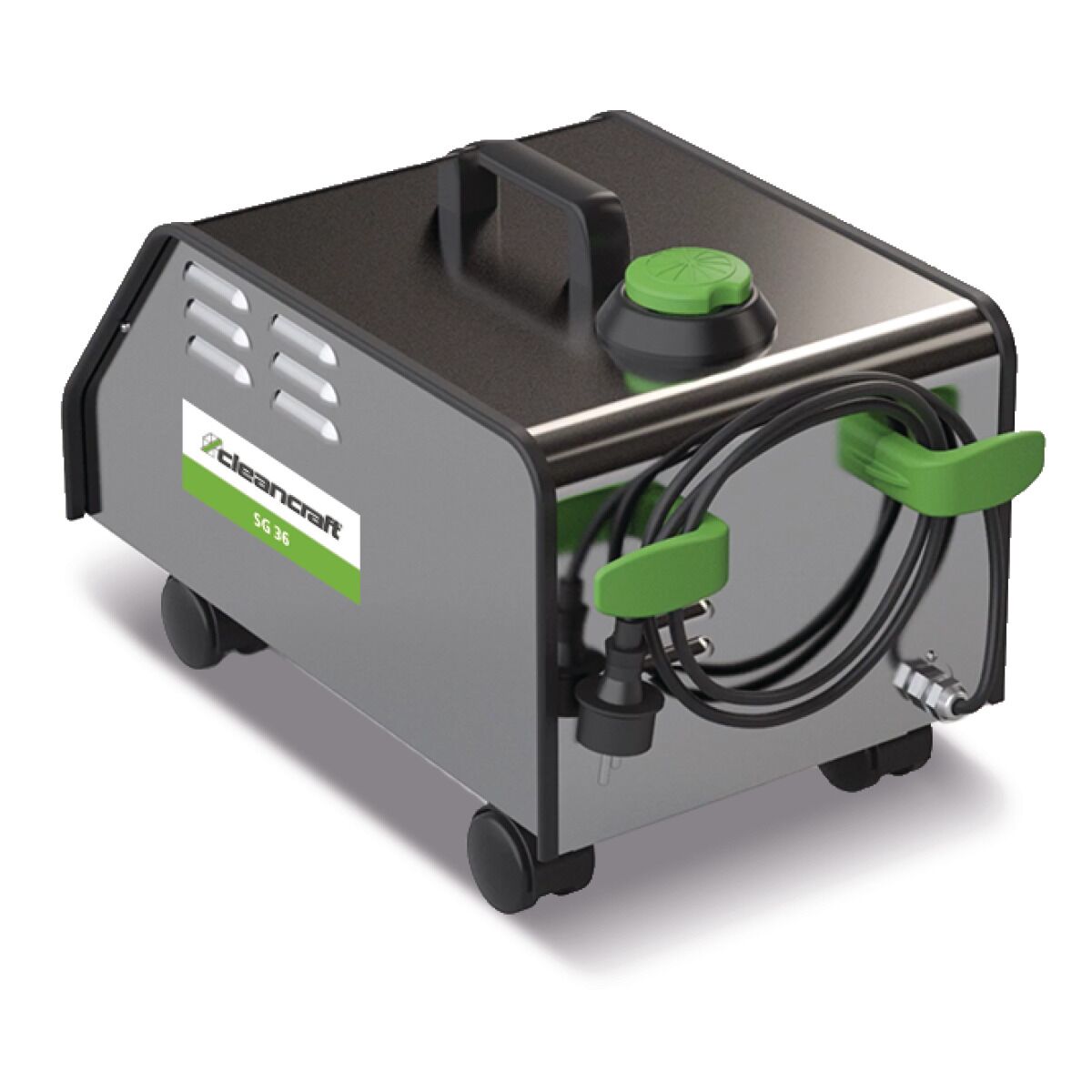 Rückansicht des Dampfreinigers mit aufgewickeltem Stromkabel und grünem Verschlussdeckel.