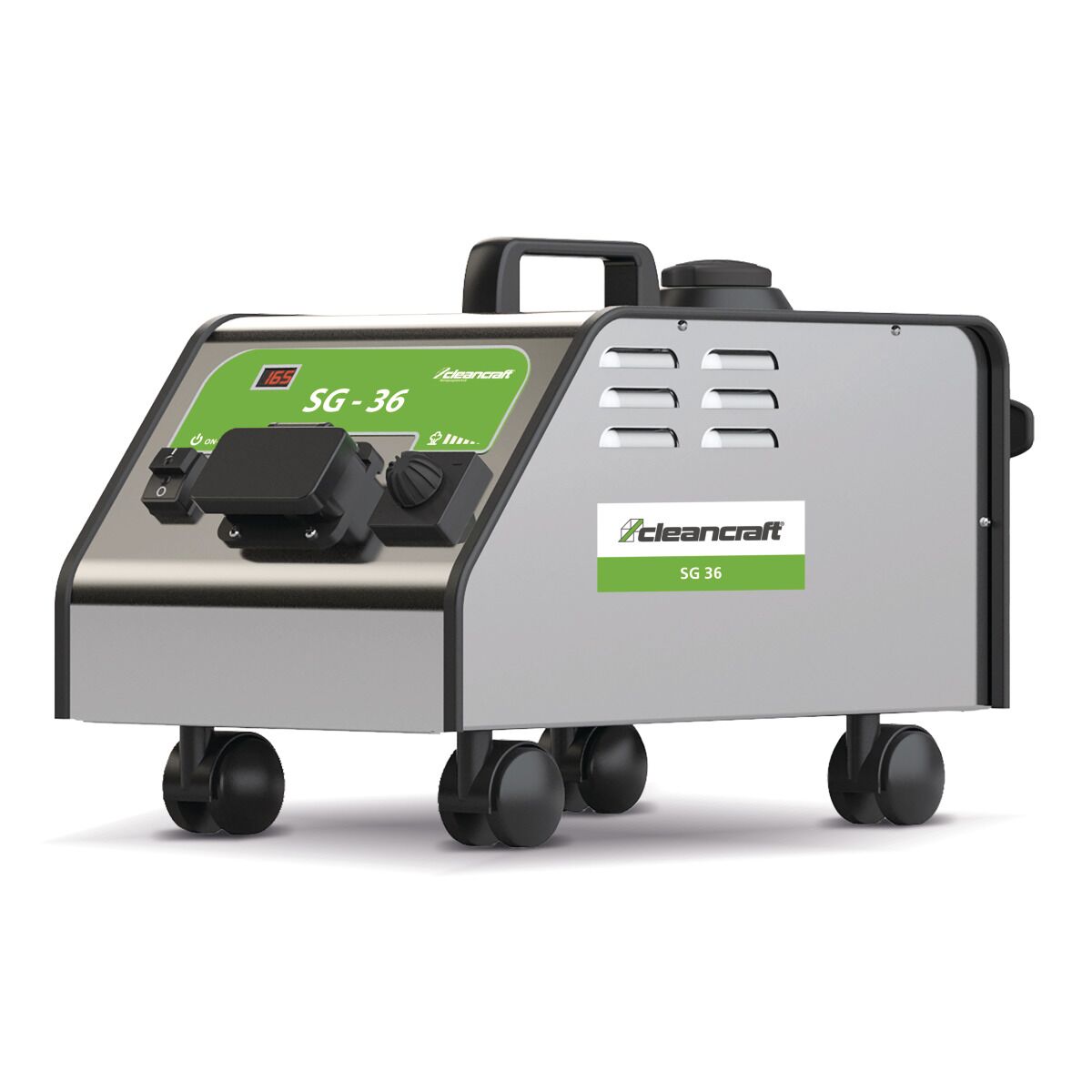 Kompakter Dampfreiniger aus Edelstahl mit grünem Bedienfeld, Tragegriff und vier Rollen.