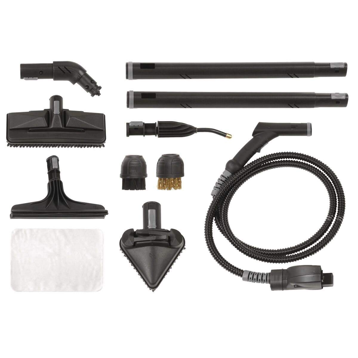 Zubehörset für Dampfreiniger mit Bürsten, Düsen, Verlängerungsrohren, Schlauch und Bodendüsen.