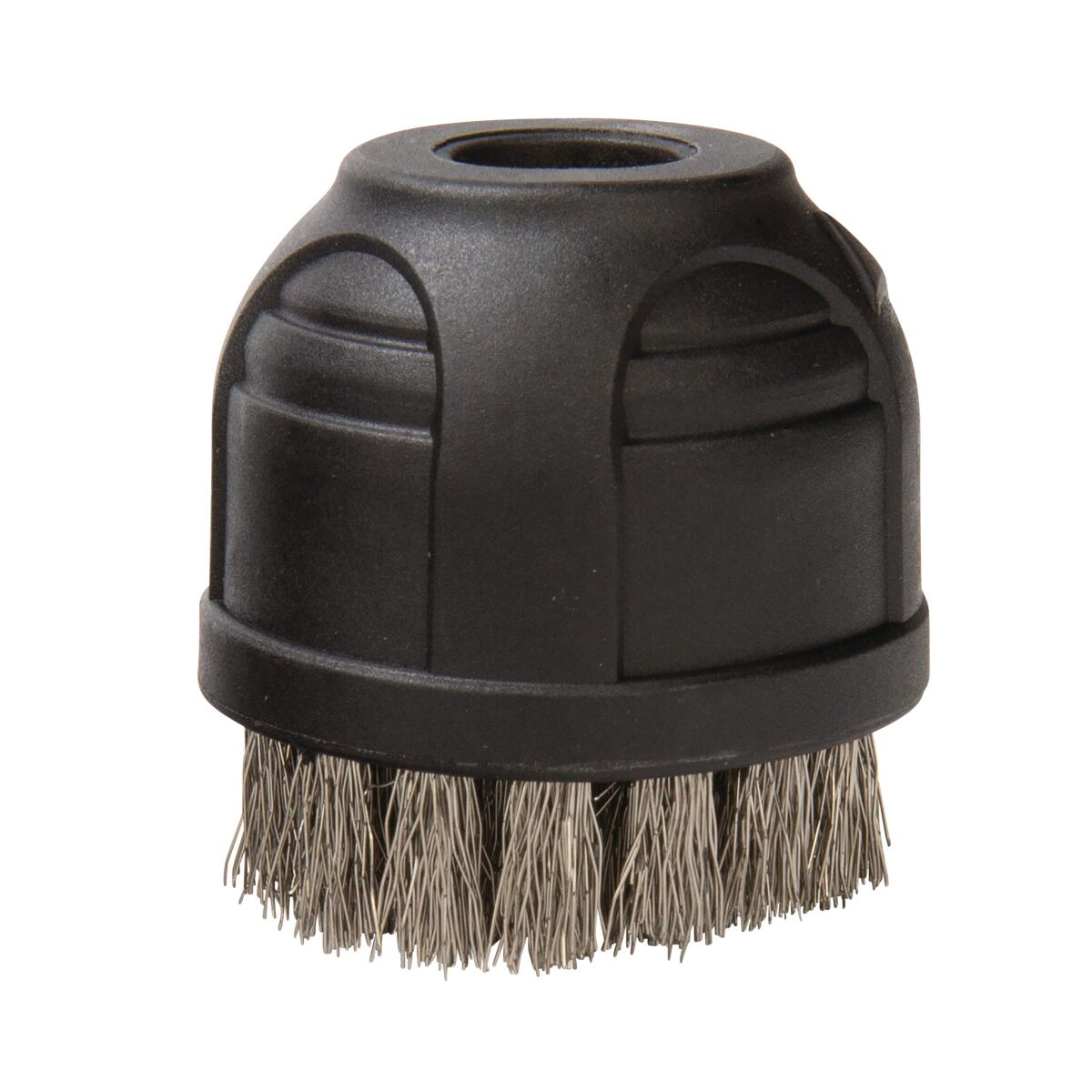 Runde Dampfreinigerbürste aus schwarzem Kunststoff mit Metallborsten, geeignet zur Entfernung hartnäckiger Verschmutzungen auf robusten Oberflächen.