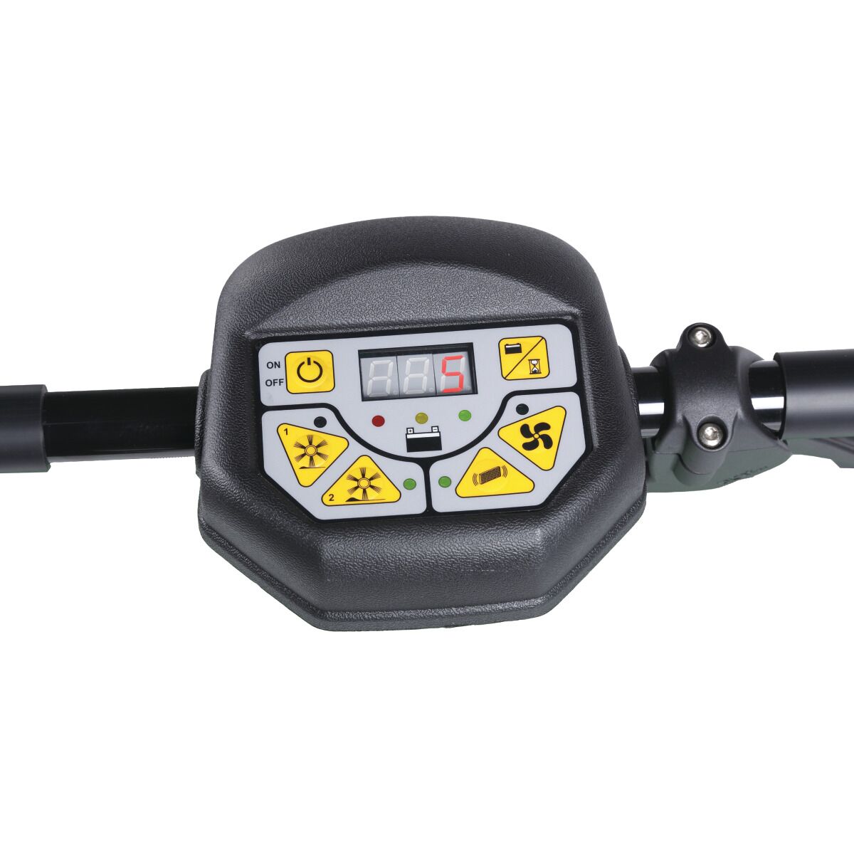 Nahaufnahme des digitalen Bedienfelds mit gelben Funktionstasten und LED-Anzeige.