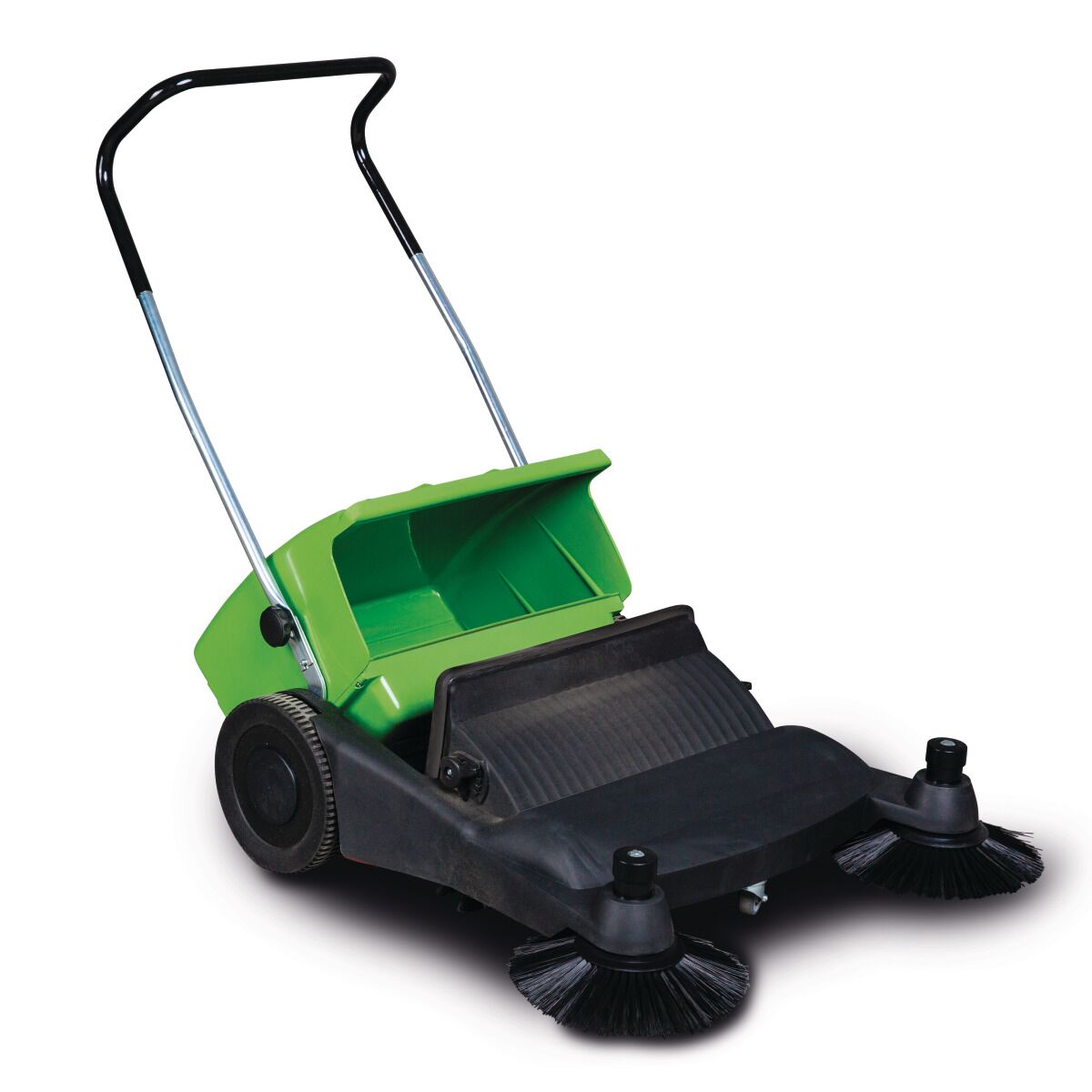 Handgeführte Kehrmaschine mit geöffnetem grünen Schmutzbehälter und zwei schwarzen Seitenbürsten.