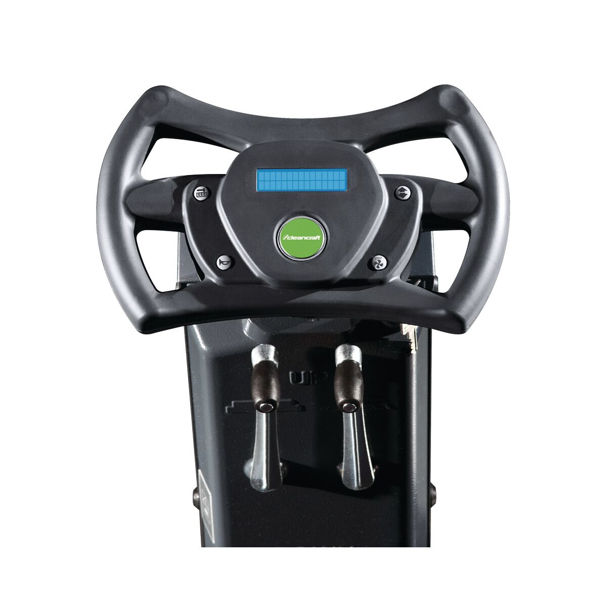 Lenkrad der Kehrmaschine mit integriertem Display und Steuerhebeln darunter.