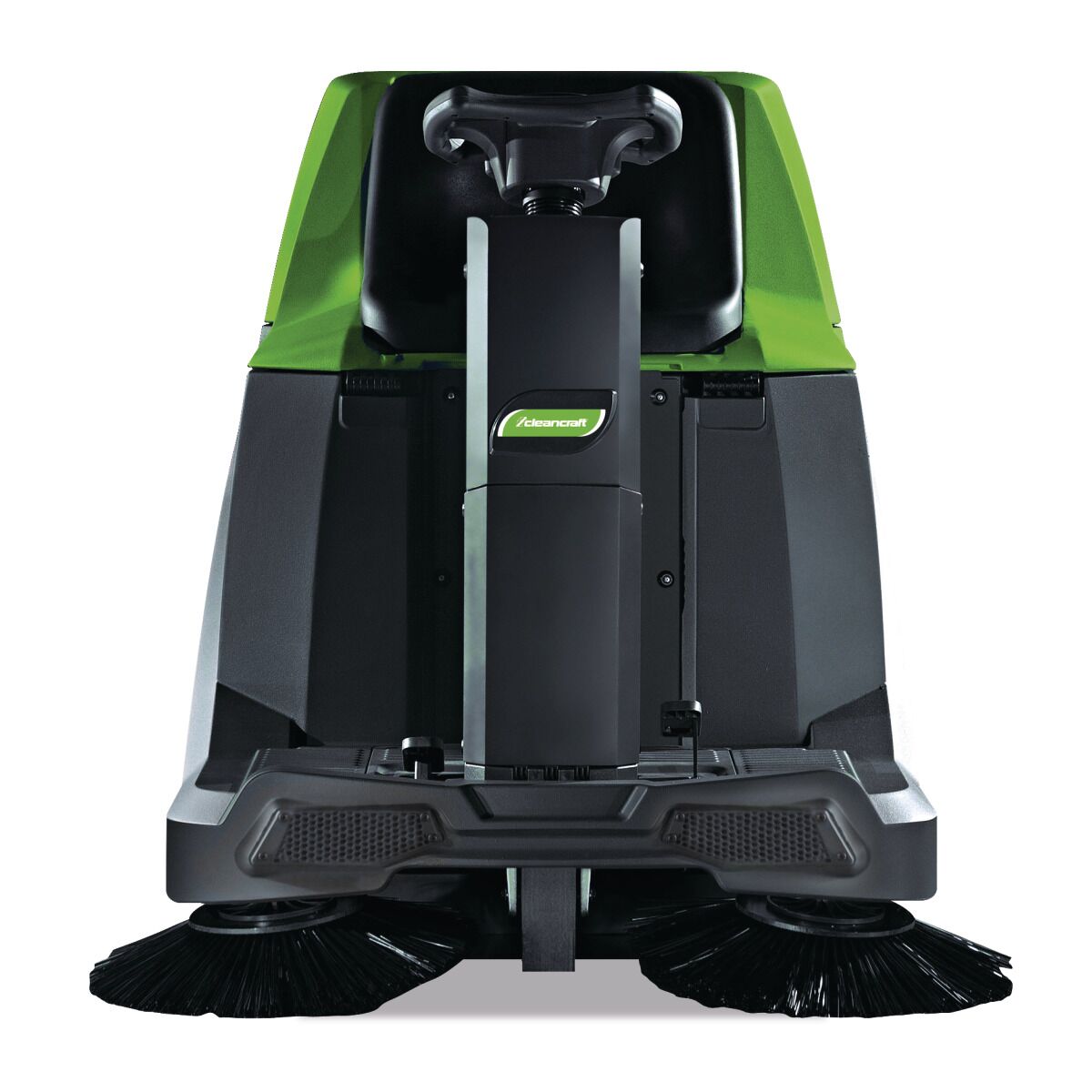 Frontansicht der Aufsitz-Kehrmaschine mit zwei Seitenbürsten und Lenksäule.