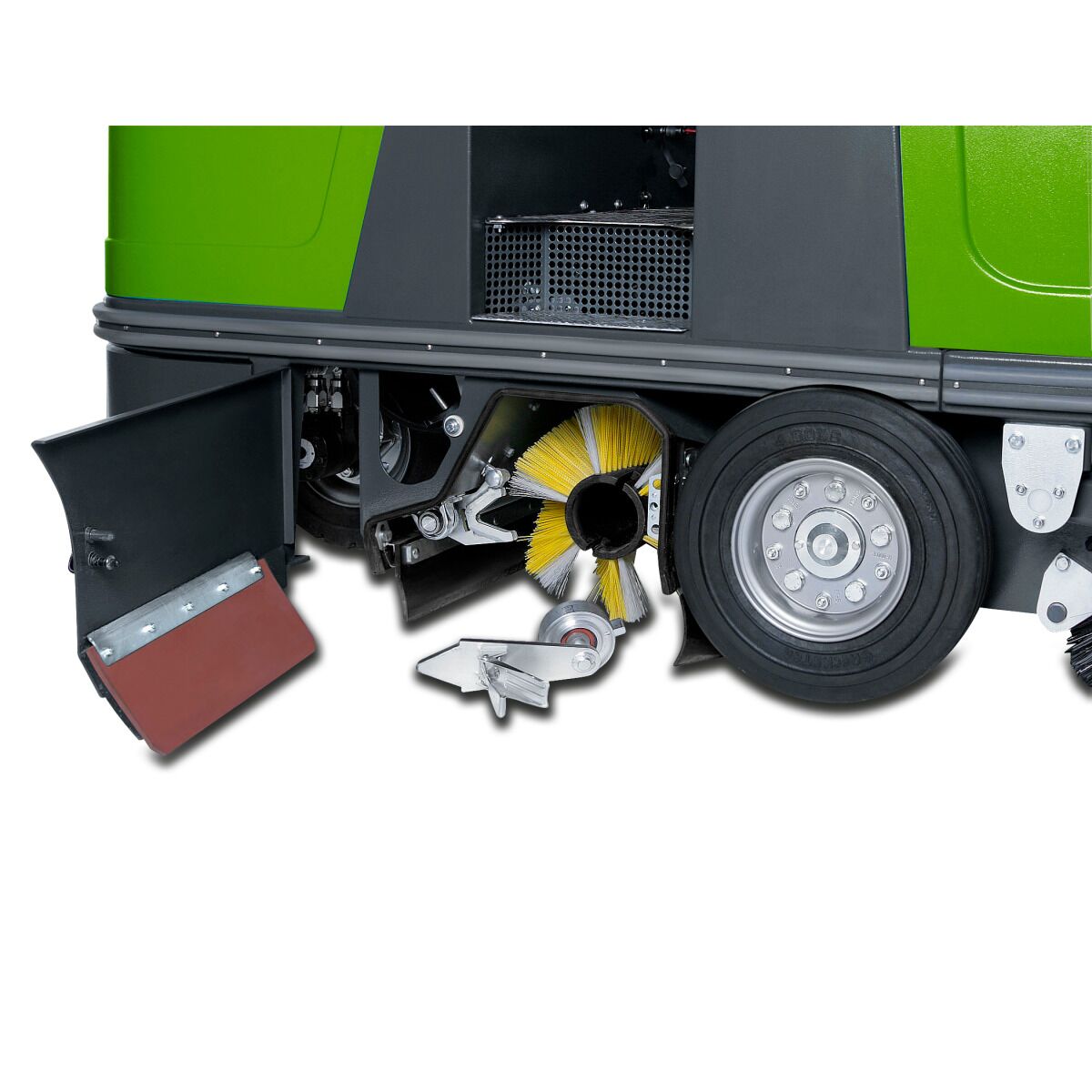 Geöffnete Seitenklappe zeigt gelbe Hauptbürste und Mechanik im Innenraum.