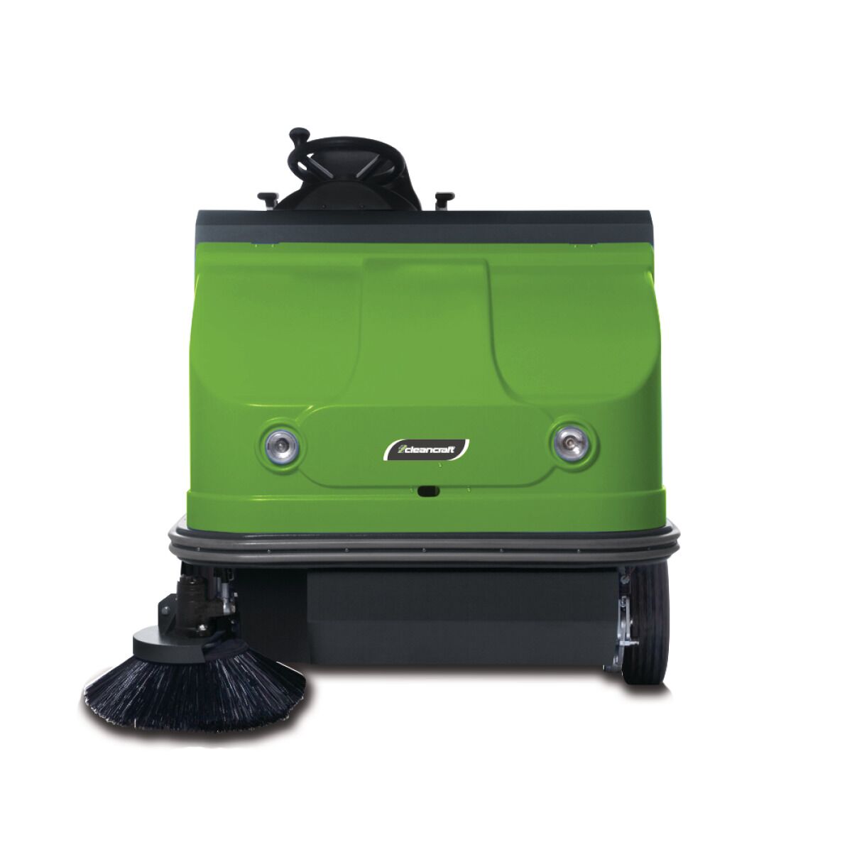 Frontansicht der Kehrmaschine mit Bürste und zwei integrierten Scheinwerfern.