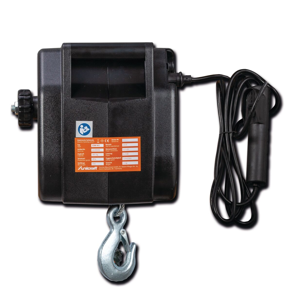 Unicraft ESW 901 Elektroseilwinde in Vorderansicht mit schwarzem Gehäuse, orangefarbenem Typenschild, Lasthaken und Handsteuerung.