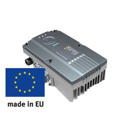 Elektronisches Steuergerät mit Lüftungsschlitzen, seitlichem Anschluss und EU-Flagge mit Text „made in EU“.