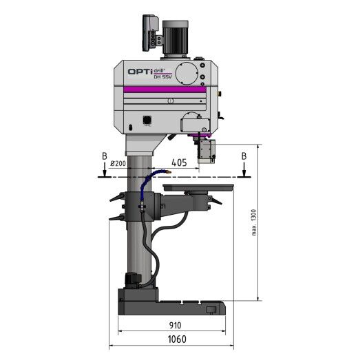 Seitenansicht einer Säulenbohrmaschine mit Maßlinien, Kabeln und beweglichem Arbeitstisch.