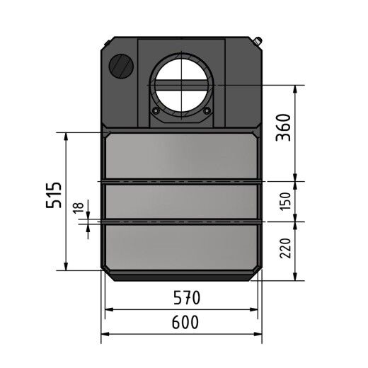 Draufsicht einer Maschinenbasis mit runden und rechteckigen Flächen sowie Maßangaben in Millimetern.