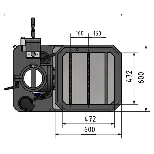 Seitenansicht einer Säulenbohrmaschine mit Maßlinien, Kabeln und beweglichem Arbeitstisch.