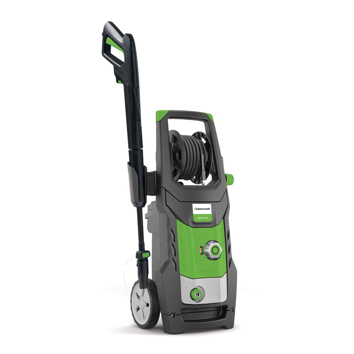Grüner Hochdruckreiniger mit integriertem Schlauchaufroller, Transportgriff und Rädern für einfache Handhabung.