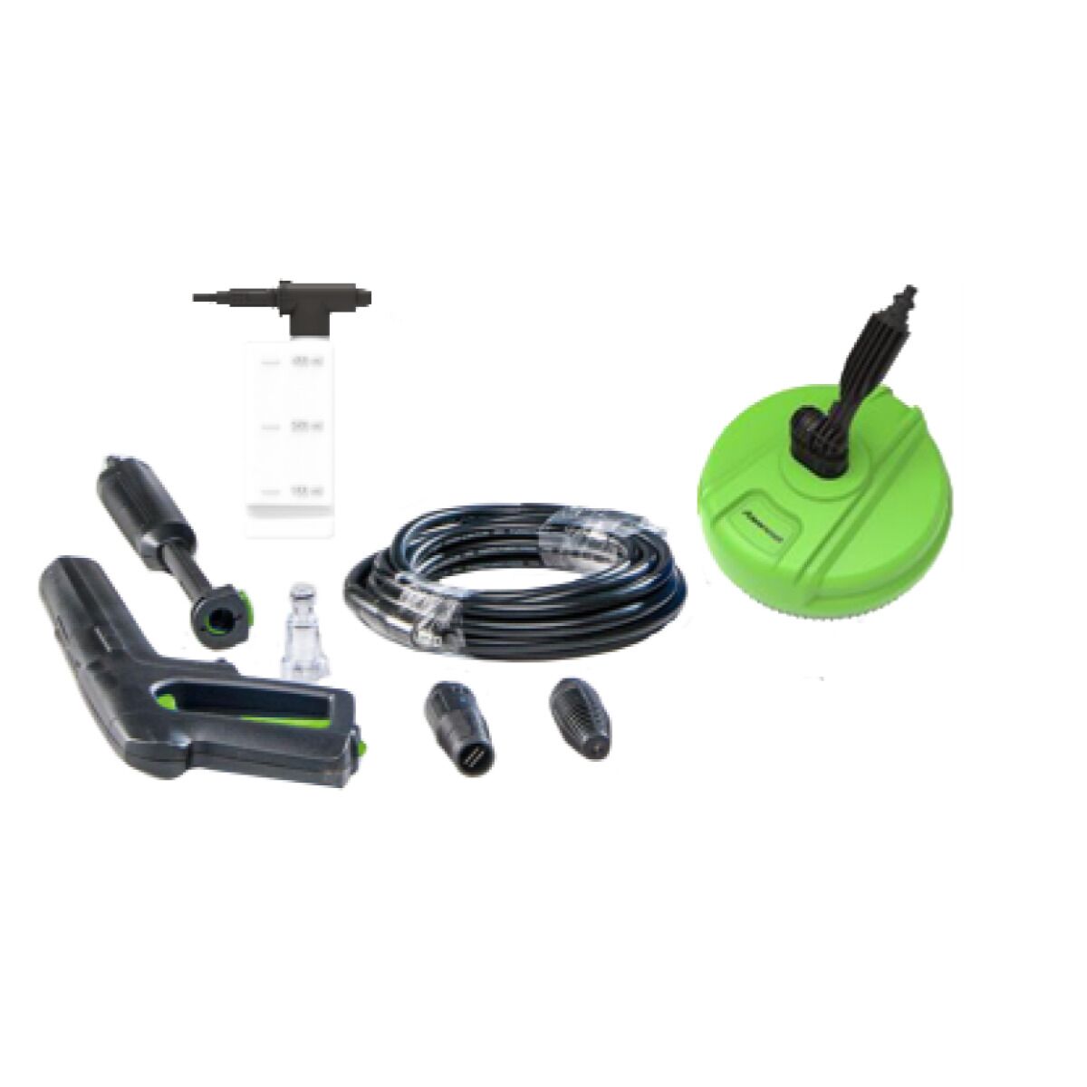 Zubehörset für Hochdruckreiniger bestehend aus Spritzpistole, Lanzen, Düsen, Hochdruckschlauch, Reinigungsmitteltank und grünem Flächenreiniger.